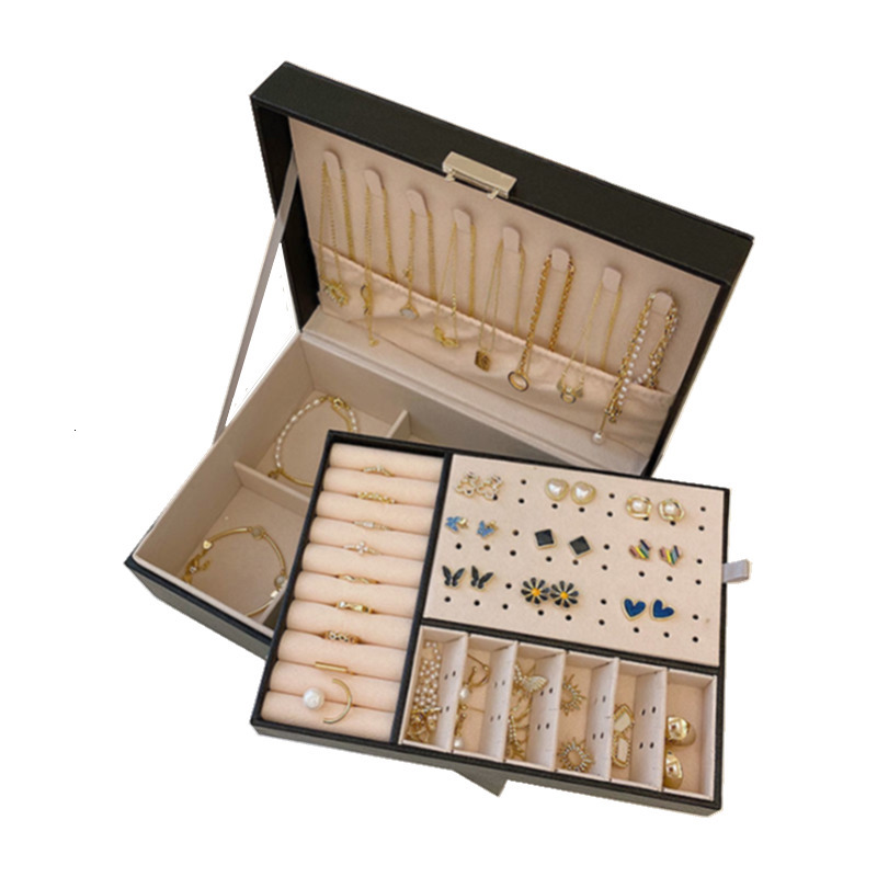 

Jewelry Boxes DoubleLayer Leather Box Ear Stud Earrings Ornament Storage Holder MultiFunction Large Packaging Display 230202