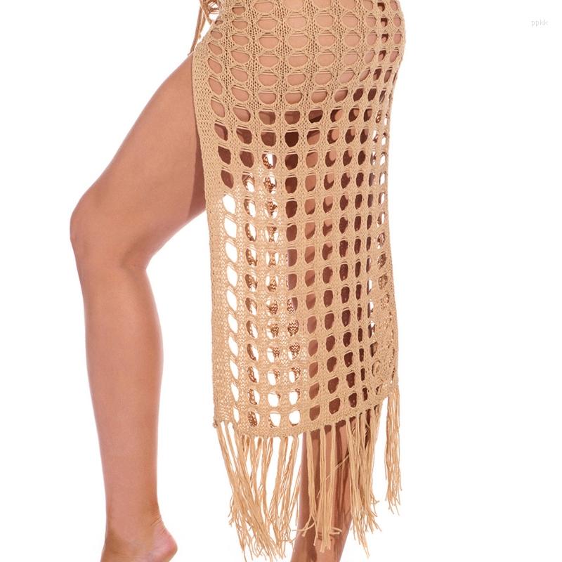 

Skirts 40GC Women Summer Sexy Hollow Out Beach Skirt Crochet Tassels Split Wrap Cover Up, White