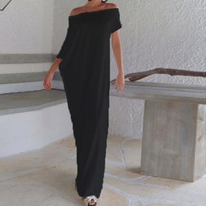 

Casual Dresses Summer Dress Woman Short Long Sleeve O-neck Loose Spliced Pleated Irregular Femme Robe, Black