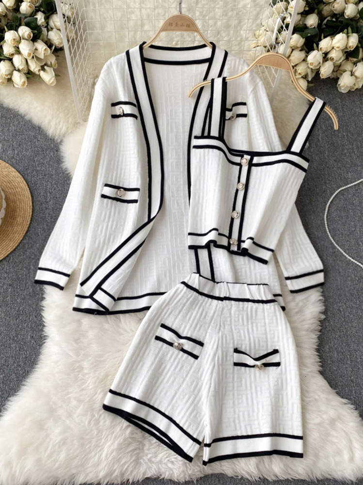 

Women's Two Piece Pants Casual Long Sleeve V Neck Cardigan Jacket Sling Vest High Waist Shorts Quality Chic Button Knitted Vintage 3 Sets 230202, White sets