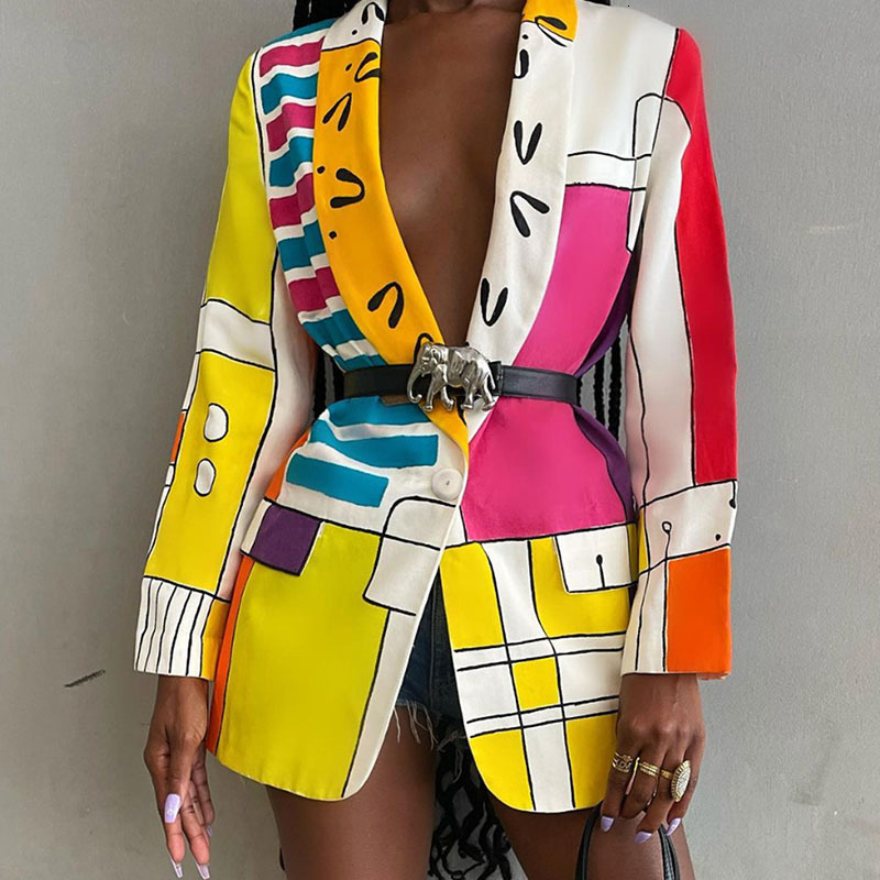 

Women' Suits Blazers Cartoon Print Blazer Women Jacket High Street Single Button Elegant Ladies Outerwear Stylish Tops Casaco Feminino 230203, Multi