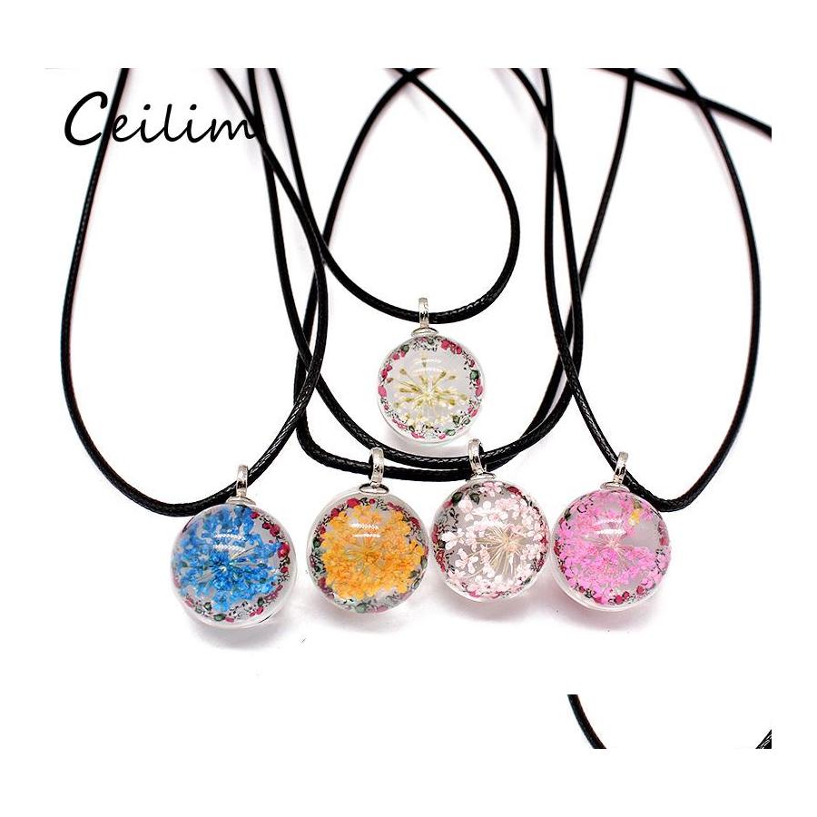 

Pendant Necklaces Handmade Dried Flower Daisy Necklace Long White Round Glass Ball Chain Boho Transparent Resin Vintage Summer Jewel Otubj