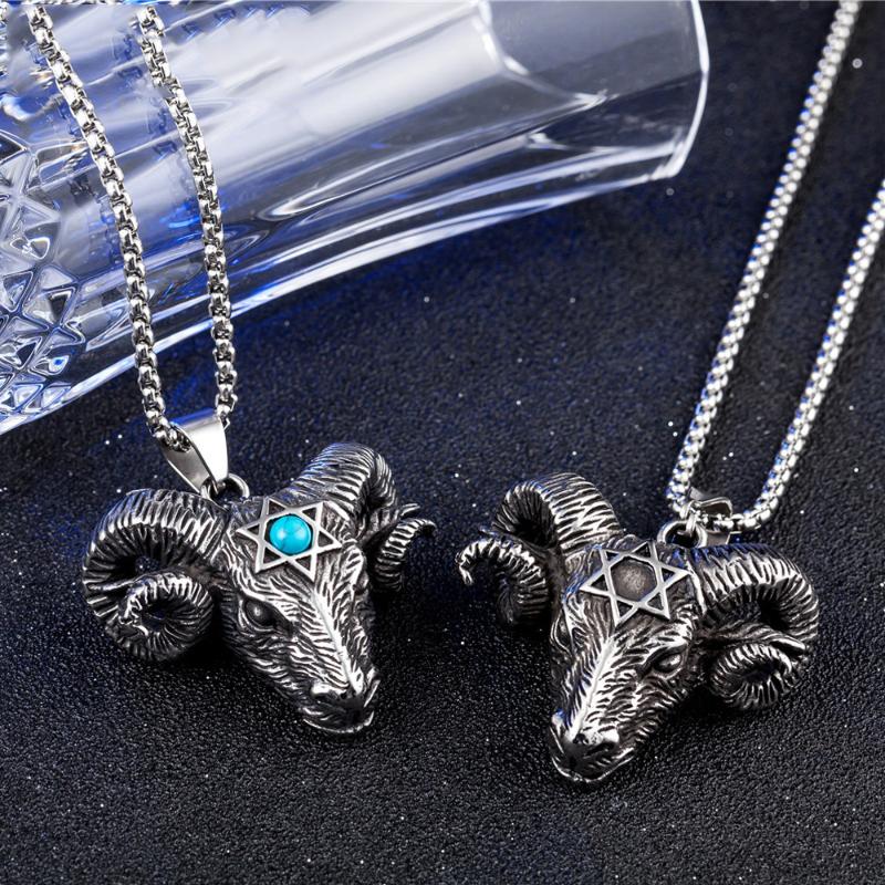 

Pendant Necklaces Gothic Satan Skull Stainless Steel Men Chain Vintage Six Pointed Star Sheep Head Demon Eye Necklace Jewelry Gift