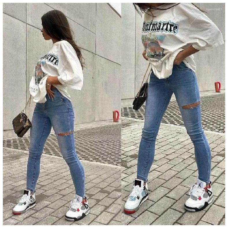 

Women' Jeans Women Chic Fashion Ripped Hole Wide Leg Vintage High Waist Zipper Denim Pants Female Trousers Mujer Lady, Blue