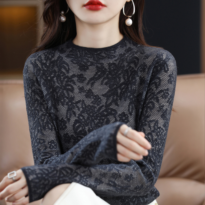 

Women's Sweaters Early Autumn ThreeDimensional Carved Lace Hollow Wool Knit Sweater Pullover Thin Fashion LongSleeved ONeck Chic Top 230203, Black grey