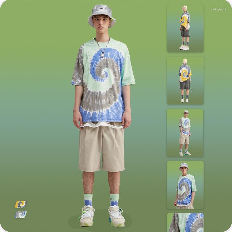

Men's T Shirts VIMASS 2023 Spring European American Street Abstract Personality Spiral Tie-dye Loose Short-sleeved Tshirt Male Tide Brand, Yellow