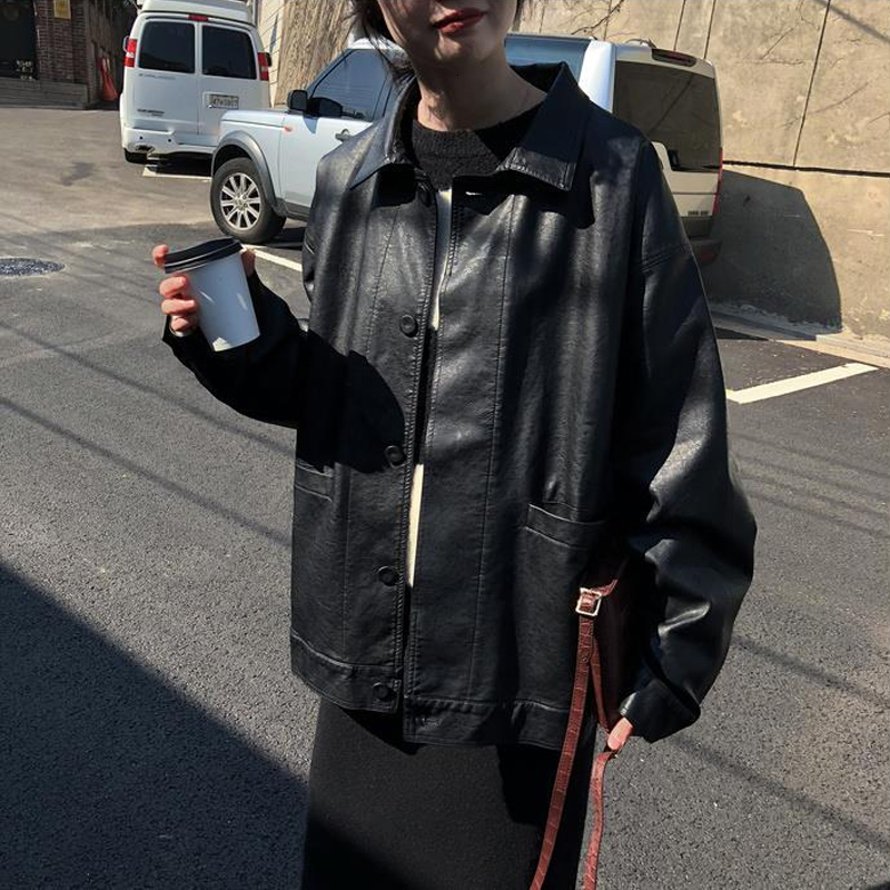 

Women' Leather Faux Black Winter Jacket Women Korean Loose Thin Moto Female Autumn Fashion Streetwear Lady Outerwear Biker Coats 230202