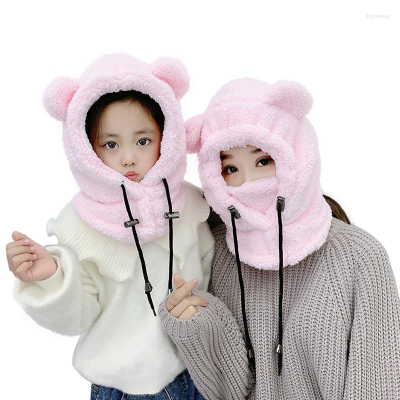 

Berets Plush Bear Balaclava With Ears Mask Hat Earflaps Cute Children's Thicken Warm Winter Hats For Women Girl Bonnet Female Hood, 3-12 years child 01