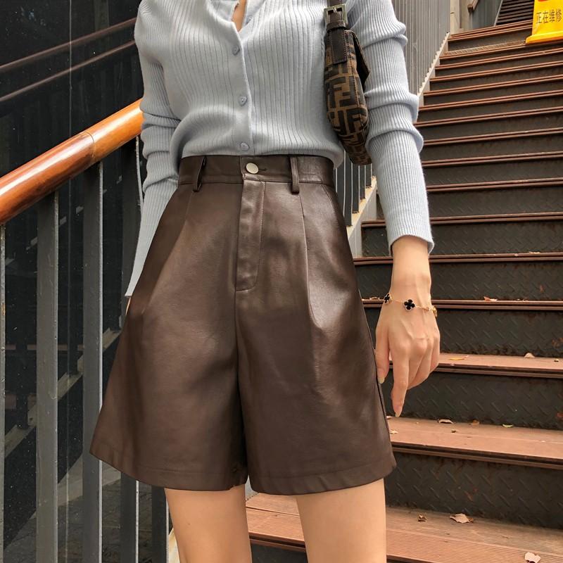 

Women' Shorts Shnsophi 2023 Retro Pu Leather Wide-leg For Women Loose Casual High Waist Autumn Winter Black Short Pants Mujer