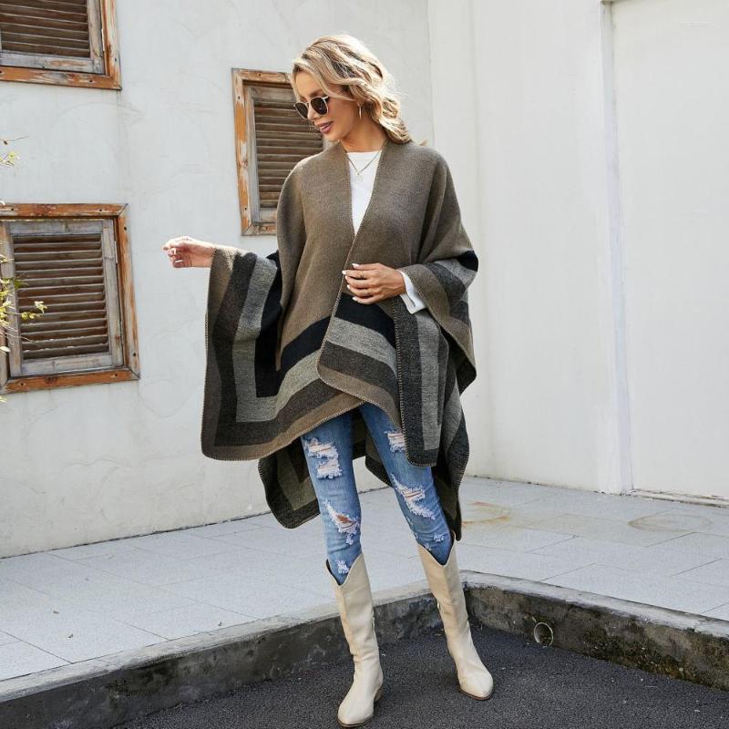 

Scarves 2023 Women Striped Ponchos Imitation Cashmere Oversized Wraps Warm Shawl Sun Protection Travel Cloak Female Bufanda Mujer