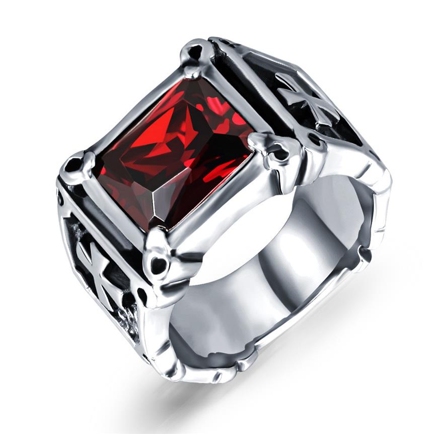 

stainless steel ring gold cross punk mens factory retro inlaid ruby ring titanium steel mens ring 470250l