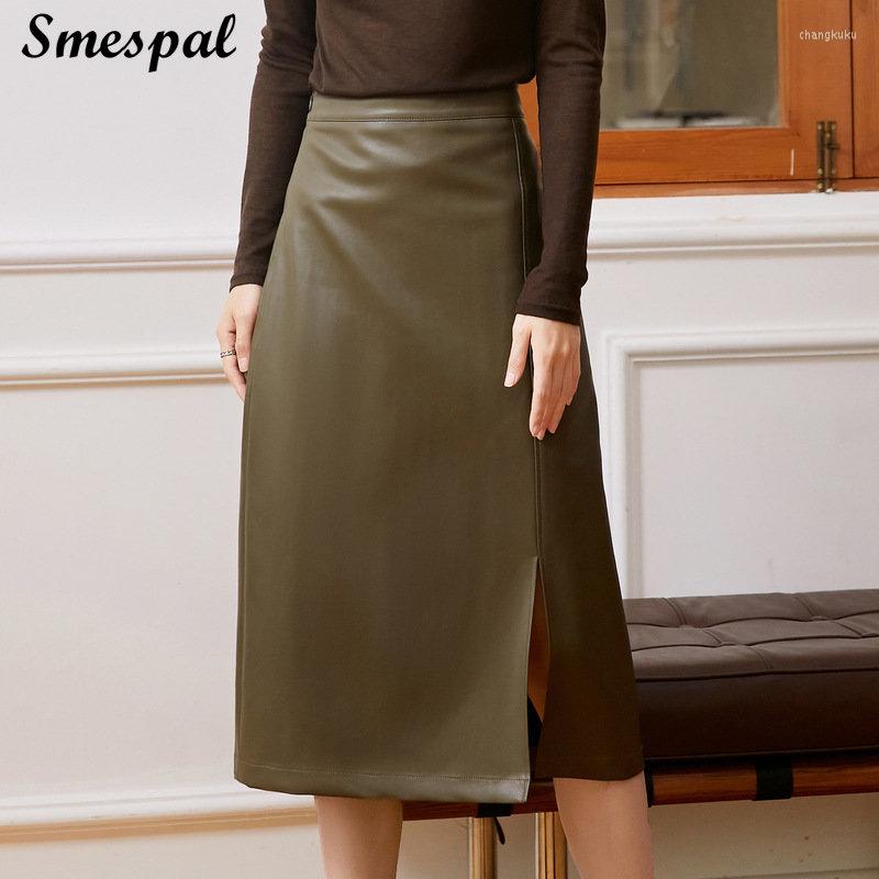 

Skirts PU Women Fashion Solid Color High Waist Slit, Army green