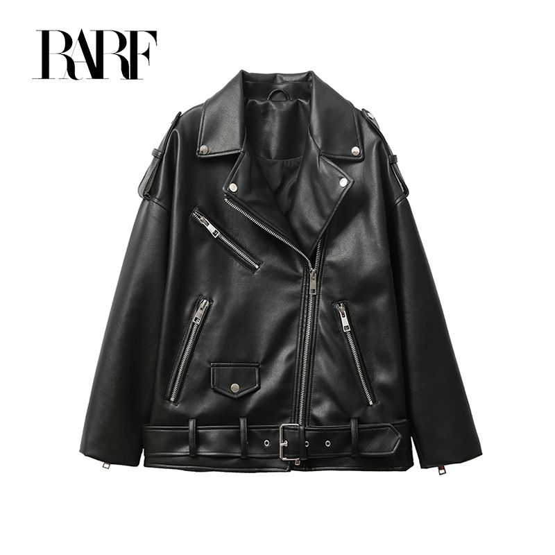 

Women's Leather Faux RARF motorcycle leather PU imitation loose jacket black 230202