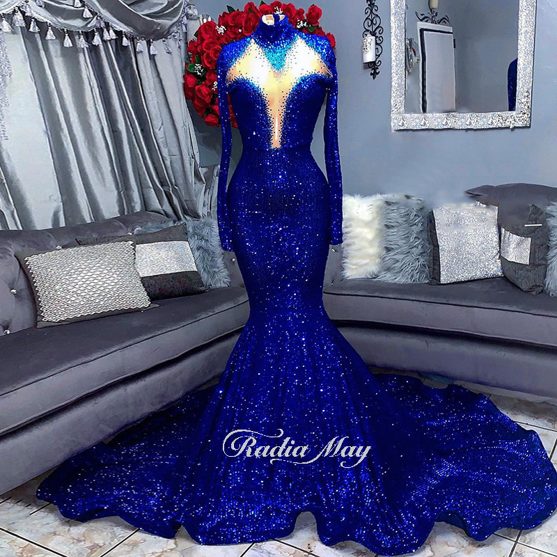 

Glitter Royal Blue Mermaid Prom Dresses Luxury Long Sleeves African Women Evening Party Gowns, Pink