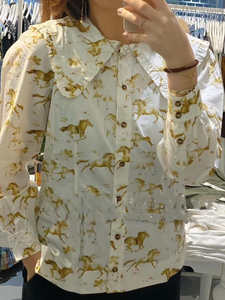 

Women' Blouses 2023 Spring Horse Print Ruffled Loose All-match Blouse Women Shirt