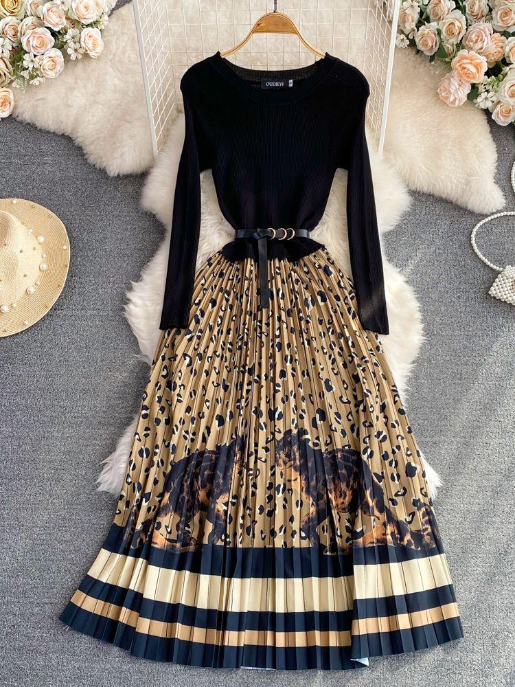 

Casual Dresses Autumn Winter Knitted Patchwork Leopard Vintage Print Sweater Dress Women Long Sleeve Sashes Contrast Pleated Midi Vestidos, Black