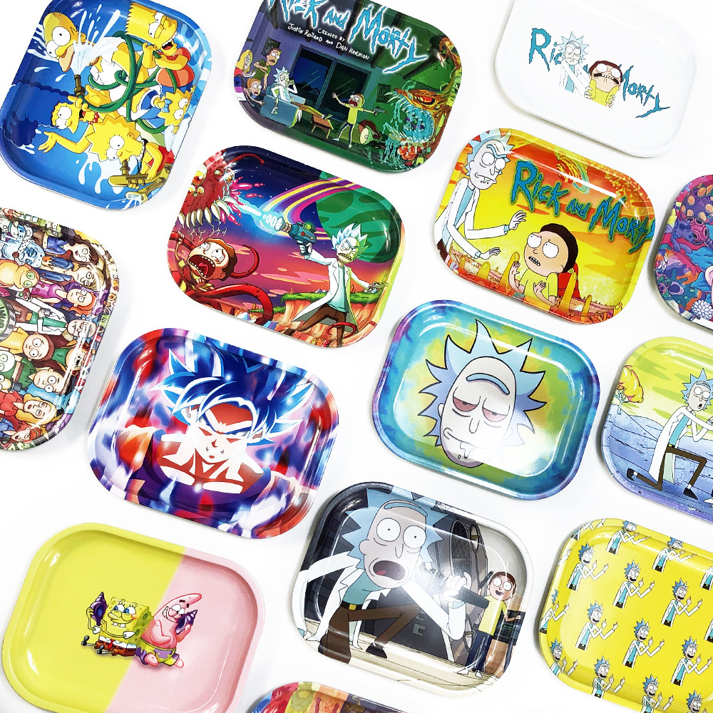 

wholesale Rolling Tray with Magnetic Lid 18x14cm Cartoon Tobacco Tin Plate w/ Cover for Cigarette Herb Roll Smoking Metal Trays Storage Plates