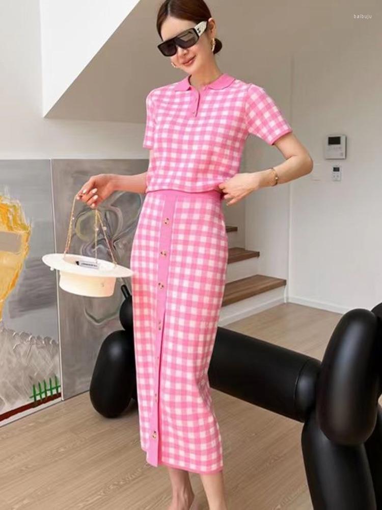 

Work Dresses Women Summer Fashion Pink Plaid Kniting 2 Pieces Sets Knitted Jumper Pullovers & Midi Skirts Dress Outfits, Pink suit