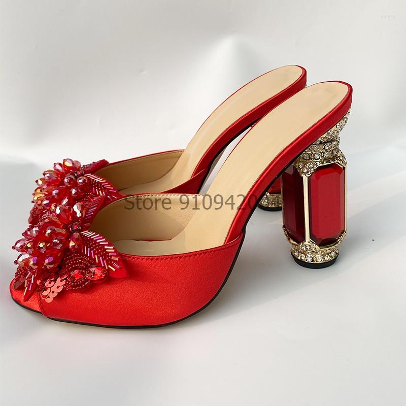 

Sandals Latest Red Satin African Sandal Shoe Summer High Heels Italy Women Wedding Shoes Rhinestone Elegant Slipper, More accessories