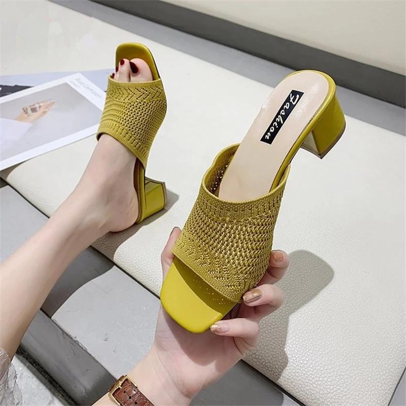 

Slippers 2023 Summer Womans Sandals Weave Women Female Mules Slides Peep Toe Square High Heels Shoe Casual, Yellow