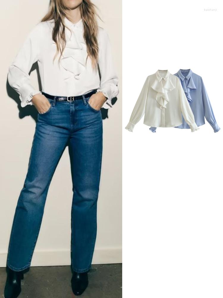 

Women's Blouses Spring Autumn 2023 Women Ruffles Shirt Causal Sweet Turn Down Collar Long Sleeved Tops Single Breasted T-Shirts, At0011white