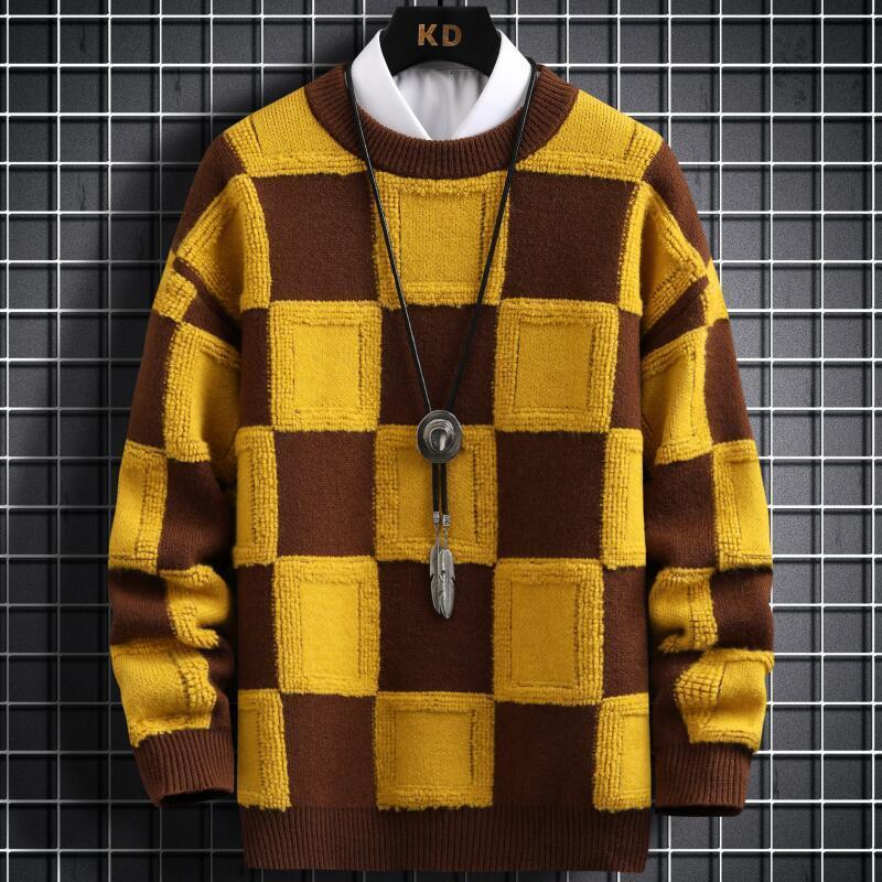

Men's Sweaters Fall Winter Korean Style Mens Pullovers High Quality Thick Warm Cashmere Sweater Men Luxury Plaid Pull Homme 230203, Blue 8278