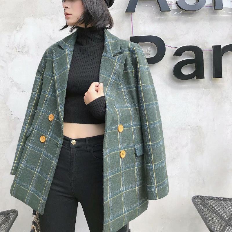 

Women' Suits & Blazers Autumn Winter Office Women Suit Notched Casual Double-Breasted Pocket Decorative Plaid Blazer, Green
