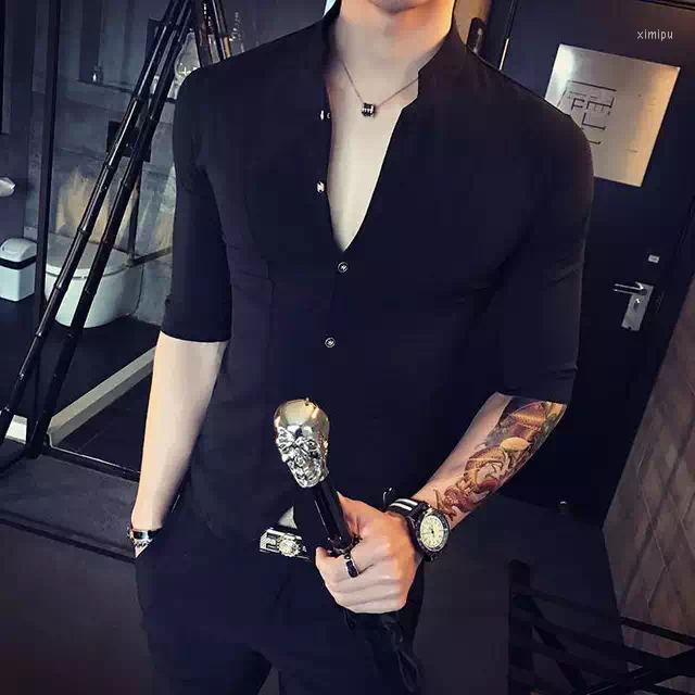 

Men's Casual Shirts Quality Men Stand Collar Chinese Style Shirt Black White Dress Half Sleeve Clothes 2023 Summer Designer Club