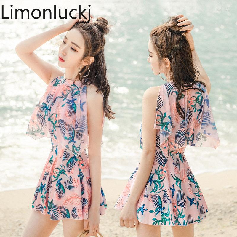

Women's Swimwear Limonluckj Summer Swim Bikinis Printed Off Shoulder Short Sleeve Sexy Bodysuit Women Korean Spring Swimsuit Female Clothing, Pink