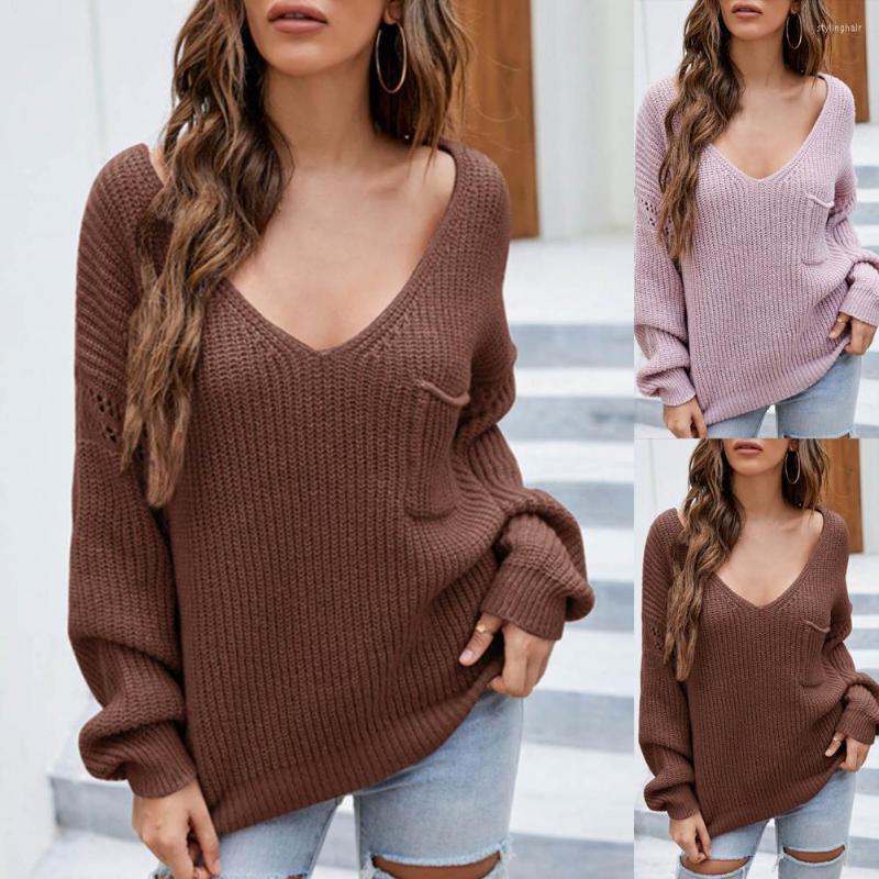 

Women' Sweaters Fashion Women Sweater Solid Color V Neck Autumn Winter Hollow Out Sleeve Pocket Knitted Pullover For Daily Wear Female, Purple pink