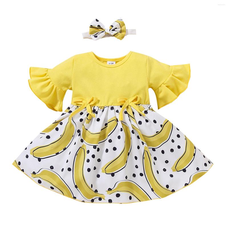 

Girl Dresses 2 Pcs Cute Infant Summer Baby Dress Outfits Fruit Print Flare Sleeve Bow Round Neck Bowknot Headband, Red