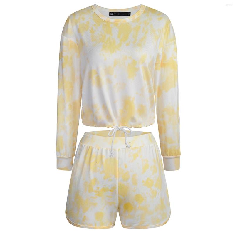 

Women' Sleepwear 2 Pcs Women Casual Outfits Adults Tie-dye Print Long Sleeve Round Neck Drawstring T-shirt Side Slit Shorts, Blue