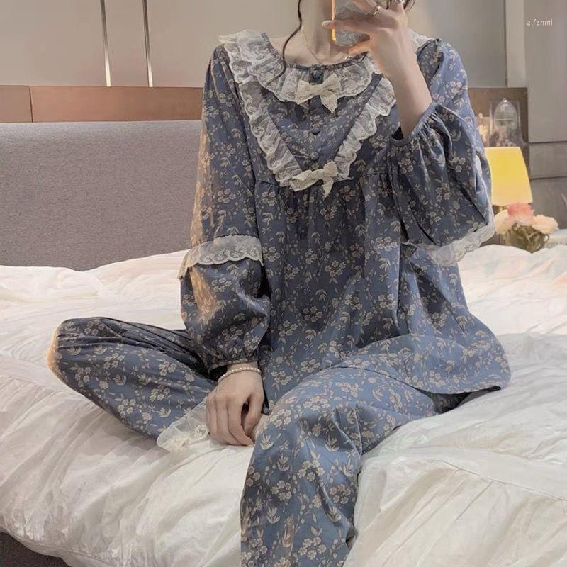 

Women's Sleepwear QWEEK Set Woman 2 Pieces Pajamas Vintage Ruffles Bow Pyjamas Nightwear Pijamas Trouser Suits Spring Autumn Home Wear, Floral