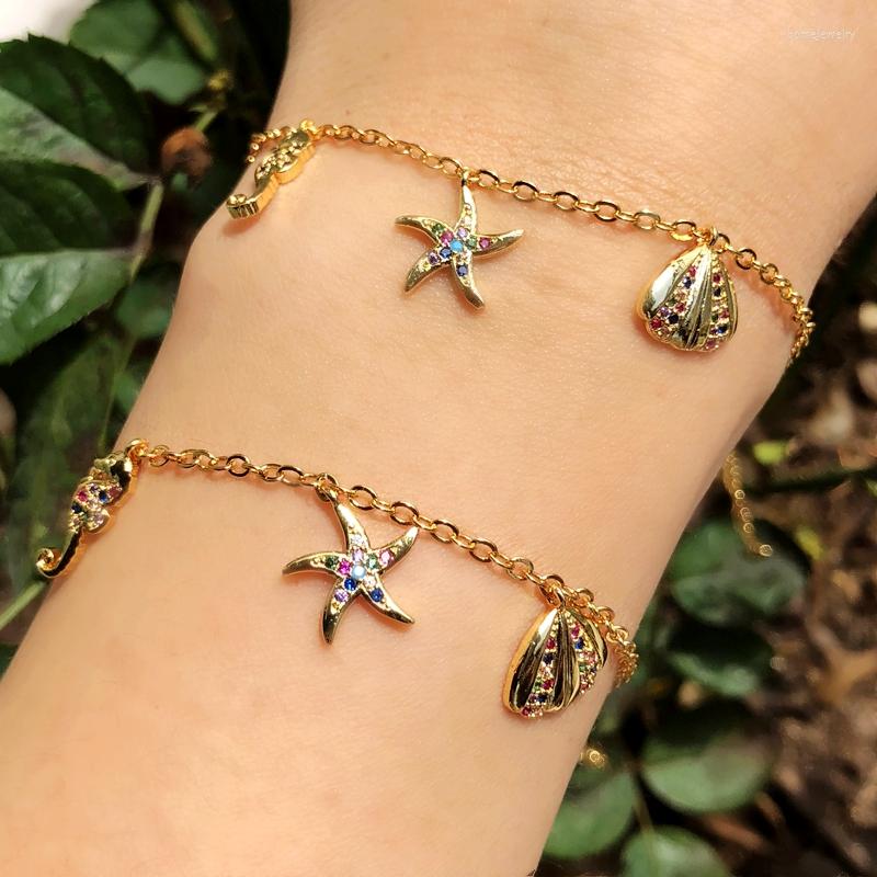 

Link Bracelets Gold Color Sea Shell Pendant Bracelet Pave Colorful Cubic Zirconia Ocean Animal Copper Boho Bangles For Women Jewelry