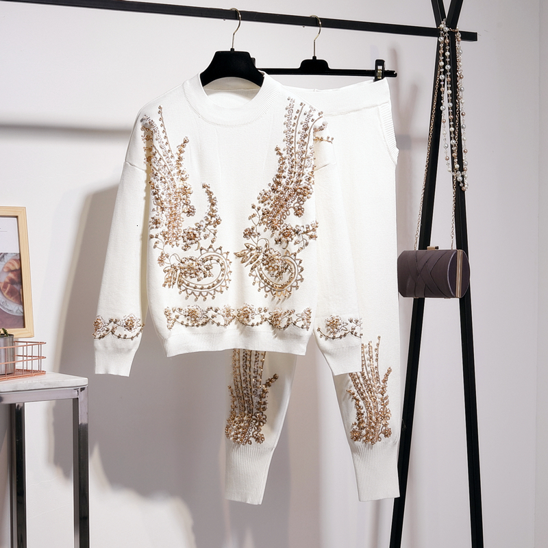 

Womens Two Piece Pants Autumn Beads Embroidery Knitwear Sweater Knitting Set Female Plus Size winter 230202, Beige