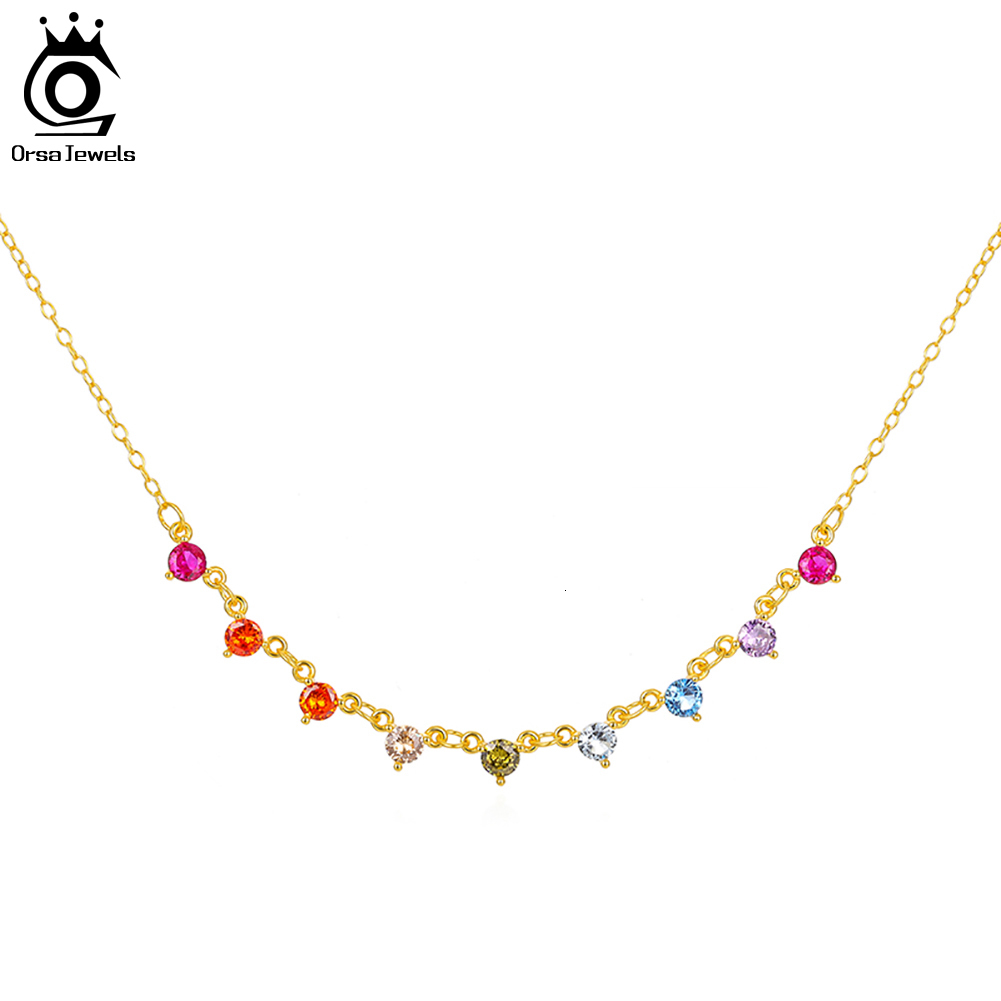 

Chokers ORSA JEWELS 14K Gold 925 Sterling Silver Rainbow CZ Necklace Handmade Colorful Cubic Zirconia Tiny Chain for Women Jewelry EQN39 230202