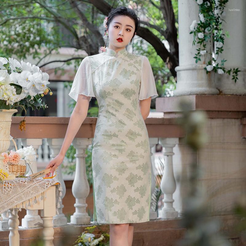 

Party Dresses Fresh Fan Pour Big Sleeve Cheongsam Summer Girl Young Everyday To Wear Senior Feeling Dress Female Temperament, Green
