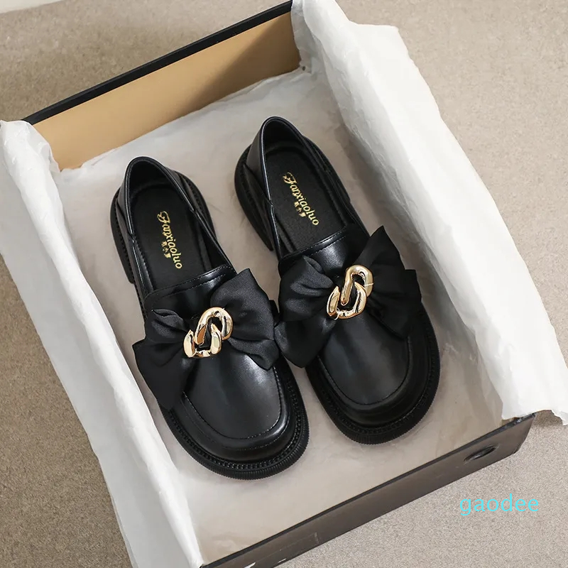 

Dress Shoes England Style Retro Loafers Round Pointed Toes Chunky Heels College Style Bowtie, Black