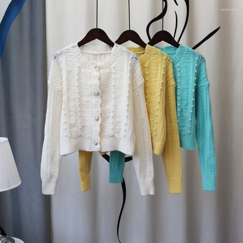 

Women's Knits 2023 Women French Style Beading Round Neck Knitted Sweater Elegant Warm Cardigan Fashion Solid Long Sleeve Knitwear Outer Wear, Blue