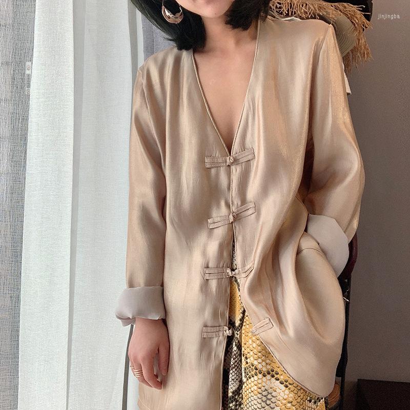 

Women's Blouses Female Beginning Autumn Light Luxury Outerwear Long-sleeved Acetate Silk Chinese Style Retro Buttoned Shirt, Light yellow