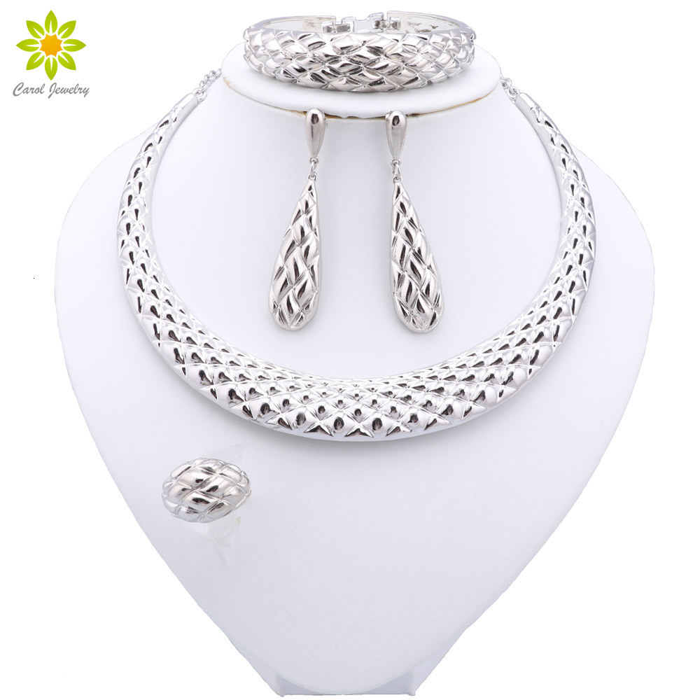 

Wedding Jewelry Sets Women Gift African Bridal Gifts Silver Plated Dubai Necklace Bracelet Earrings Ring 230203
