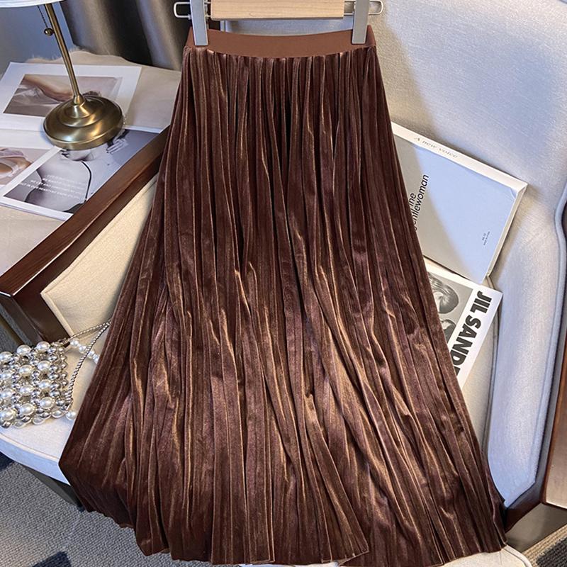 

Skirts Autumn And Winter Pleated High Waist Stretch Corduroy Skirt Ladies Elastic Drape Mid-Length Calf, Black