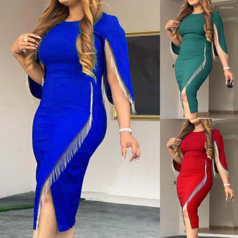 

Casual Dresses Tassels Decor O-neck Women Dress Elegant High Waist Party Elastic Turn-Down Split Sleeve Women' Clothing For, Blue