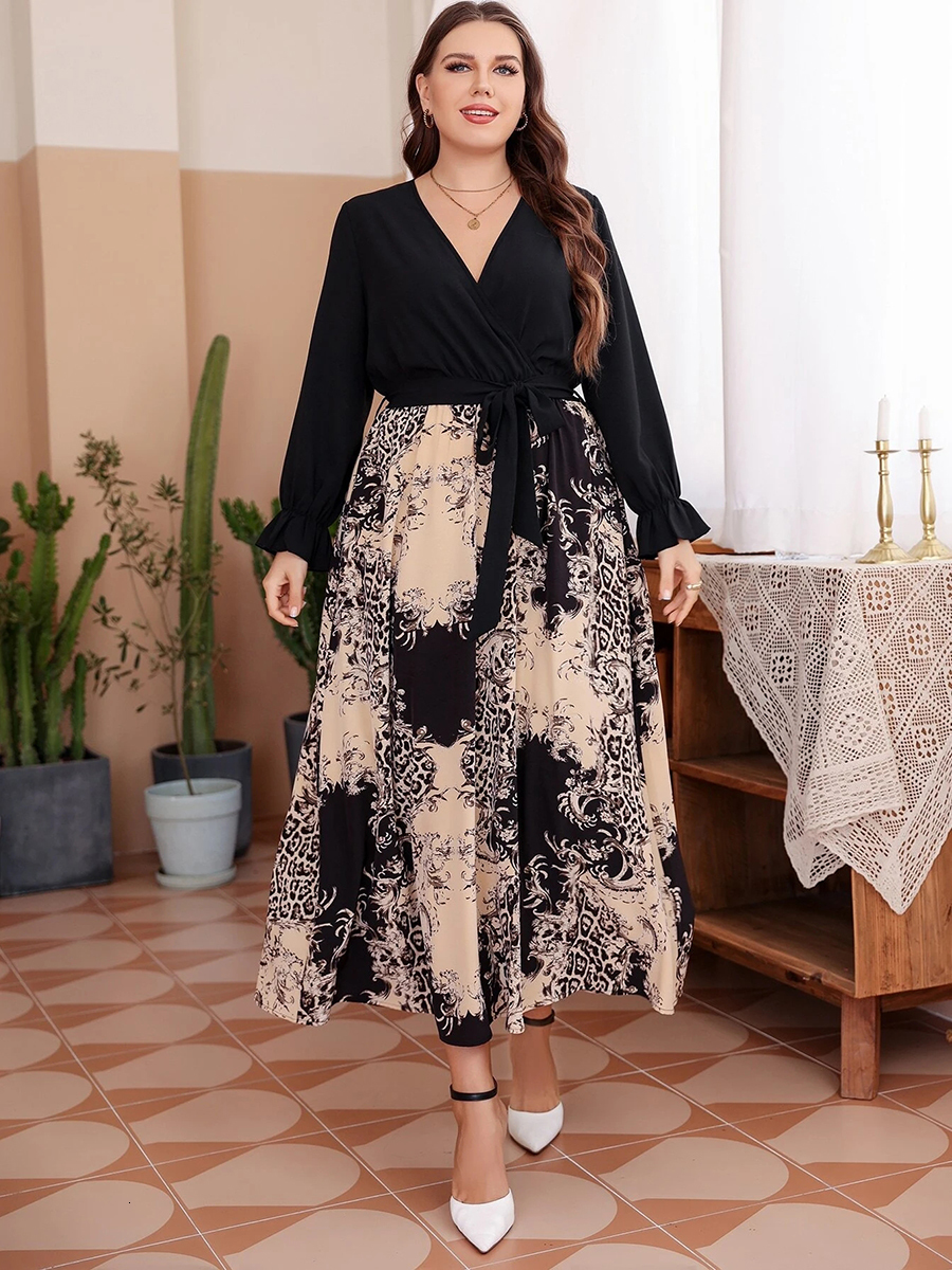 

Plus size Dresses Plus Size Dress Women Spring Female V Neck Long Sleeve Retro Printing Patchwork Vintage Dress High Waist Maxi Long Dresses 230203, Black