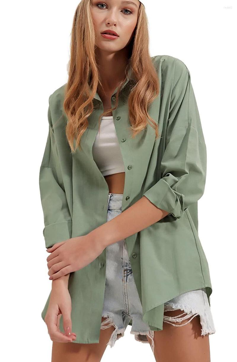 

Women's Blouses Long Oversized Shirt Women Autumn Cotton Tops And Sleeve Casual Solid Color Loose, Green