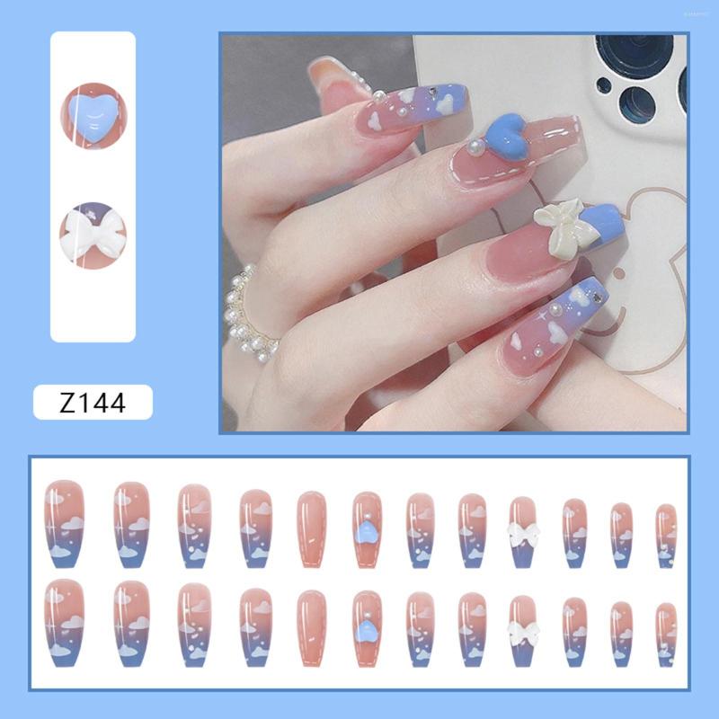 

Nail Gel Blue Gradient Love Bow Nails Stickers Art Finished Pieces Detachable 24 Coffin Press On Medium Length, Color