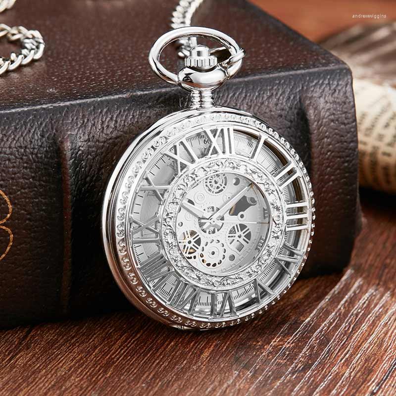 

Pocket Watches Vintage Silver Mechanical Watch With Chain Unique Roman Numerals Hollow Sculpture Hand Wind Men, Black