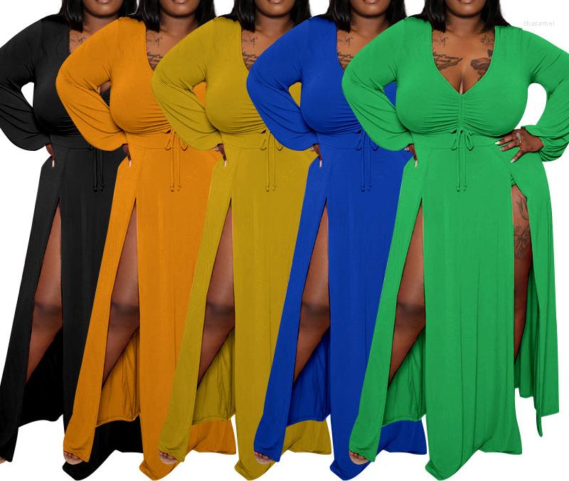 

Casual Dresses Spring And Summer Sexy Deep V Solid Color Long Sleeve Waist Closing Women's Fashion Split Dress Female Party Lady, Black