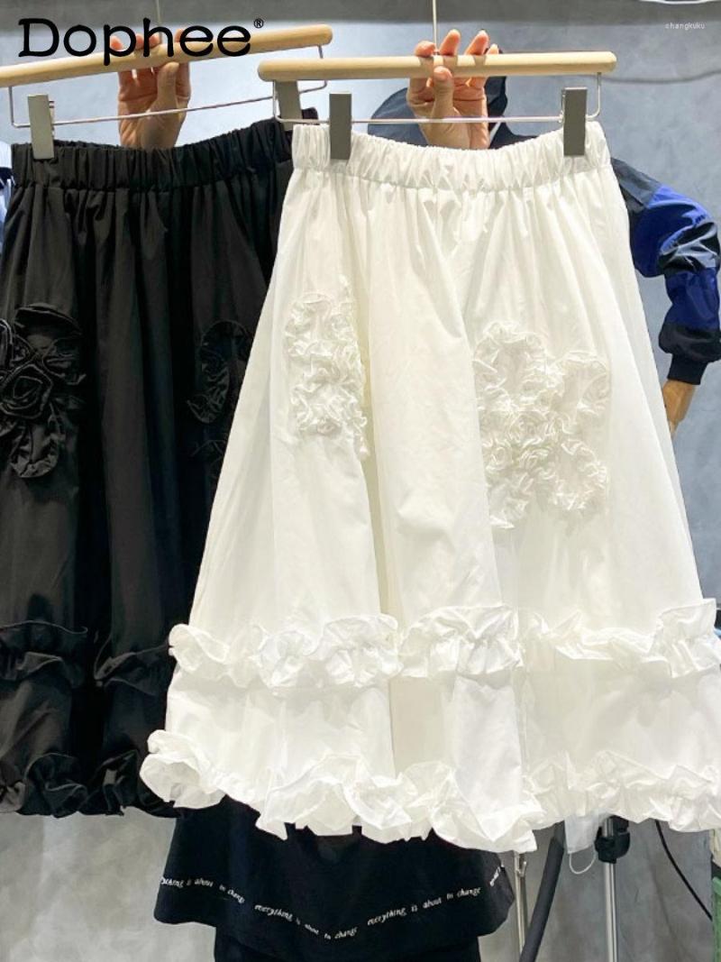 

Skirts Elegant Wooden Ear Three-Dimensional Flower Women 2023 Spring White Fairy Elastic Waist Swing Loose Oversized Skirt