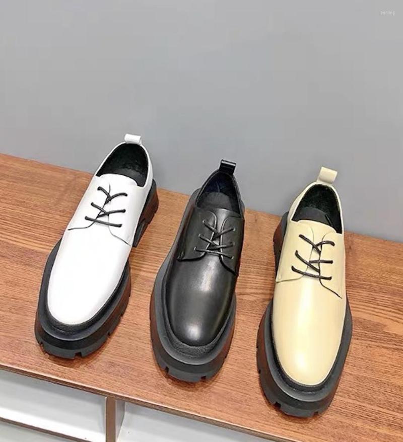 

Dress Shoes Women's Autumn Loafers Genuine Leather Design Round Toe Chunky Ladies Flat Heels Casual Single, White